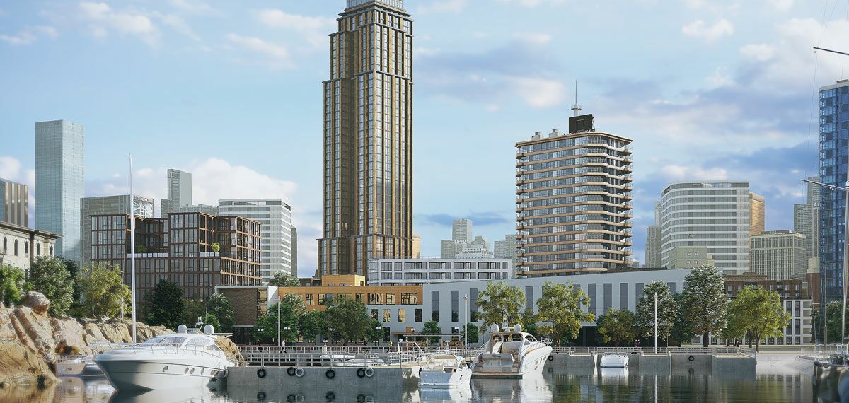 3D render of harbour and city centre with skyscrapers.